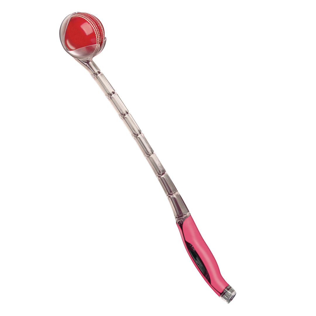 A pink and silver Gray-Nicolls cricket training aid with a ball attached to a long handle.
