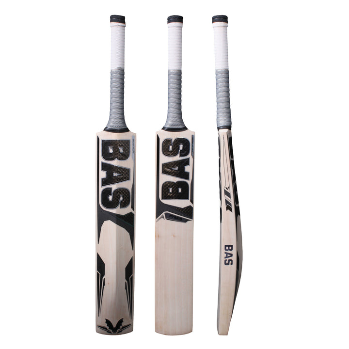Three cricket bats with the brand BAS visible on the side, standing against a white background.
