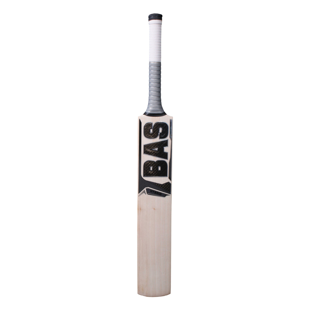 A cricket bat with the brand BAS visible on the  front sticker, standing against a white background.