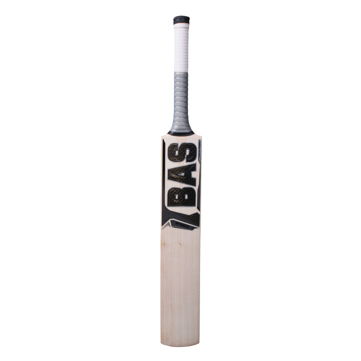 A cricket bat with the brand BAS visible on the  front sticker, standing against a white background.