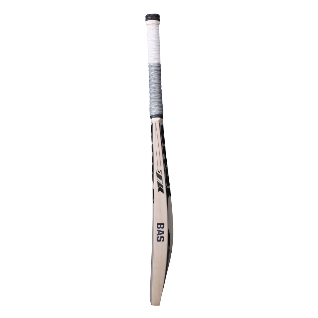 A side profile of cricket bat with the brand BAS visible, standing against a white background.