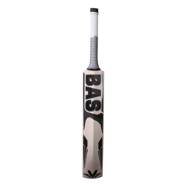 The bat of a BAS branded cricket bat, with black and silver stickers, standing against a white background.