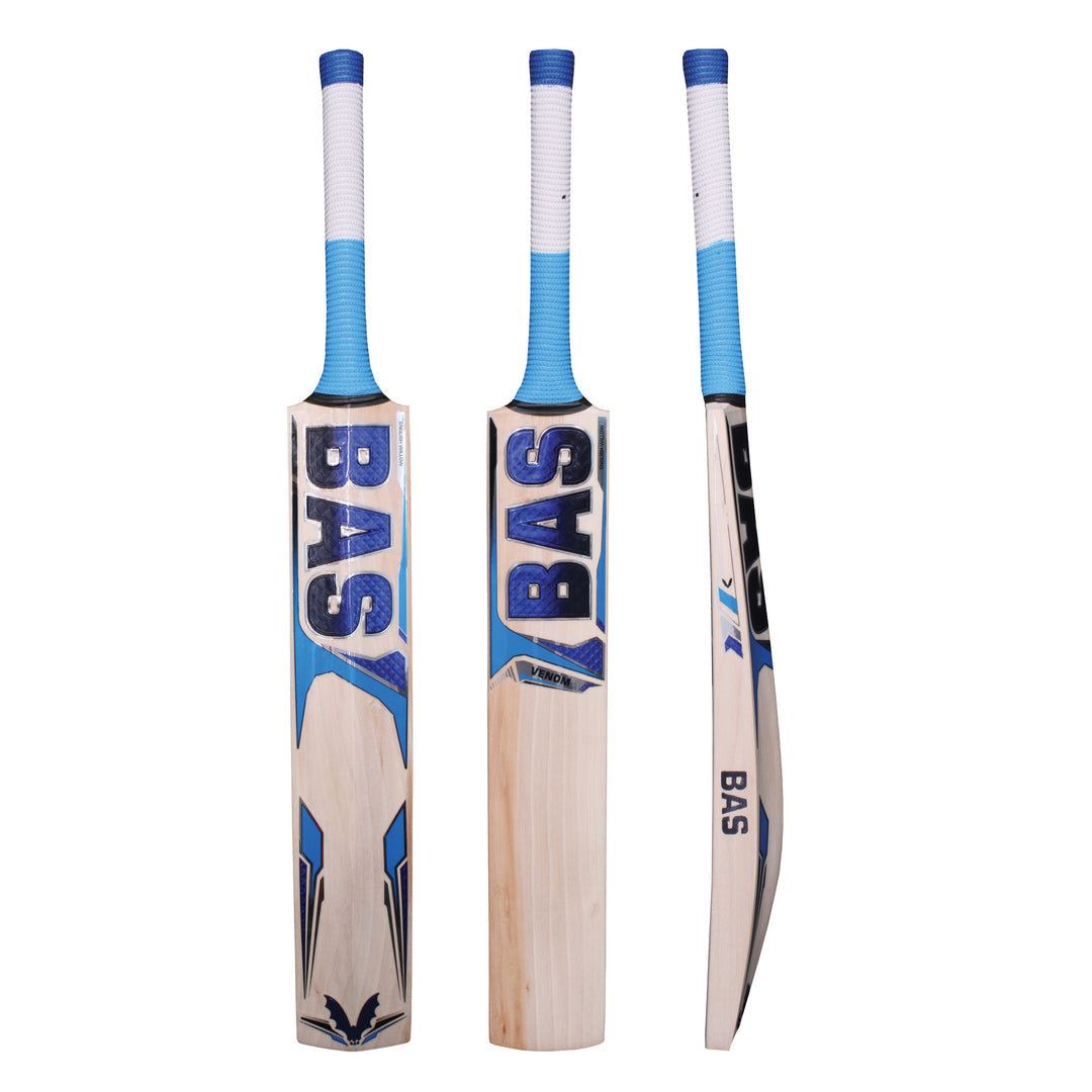 Three BAS Venom cricket bats with blue stickering, displayed in a front, back and side view.