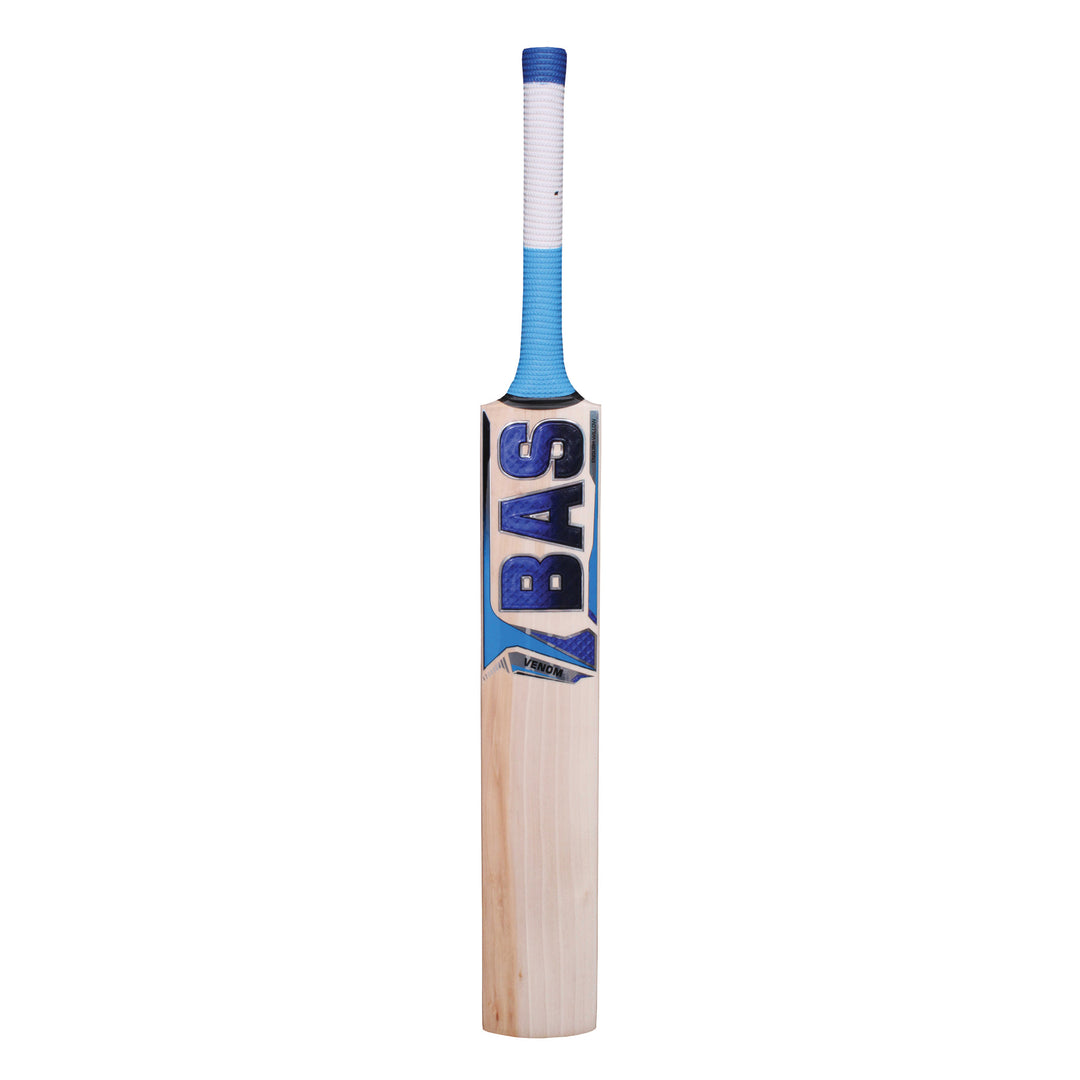 A BAS Venom cricket bat with blue stickering, displayed in a front view.