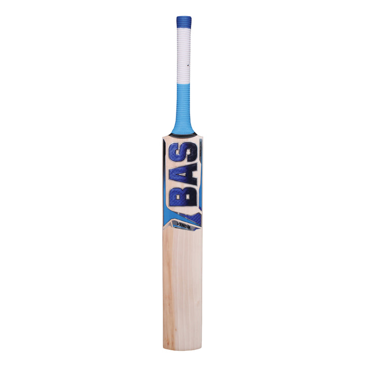 A BAS Venom cricket bat with blue stickering, displayed in a front view.