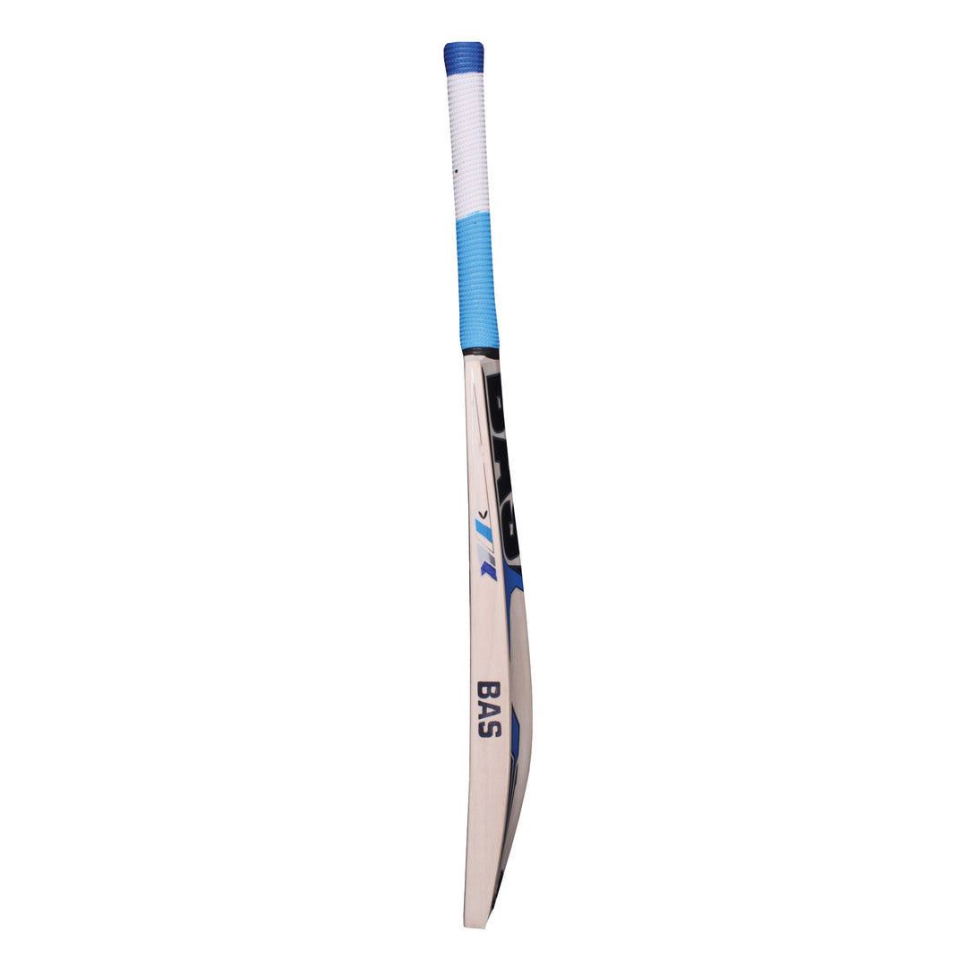 A BAS Venom cricket bat with blue stickering, displayed in a profile view.