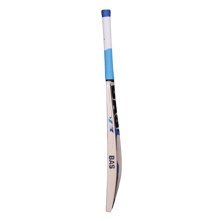 A BAS Venom cricket bat with blue stickering, displayed in a profile view.