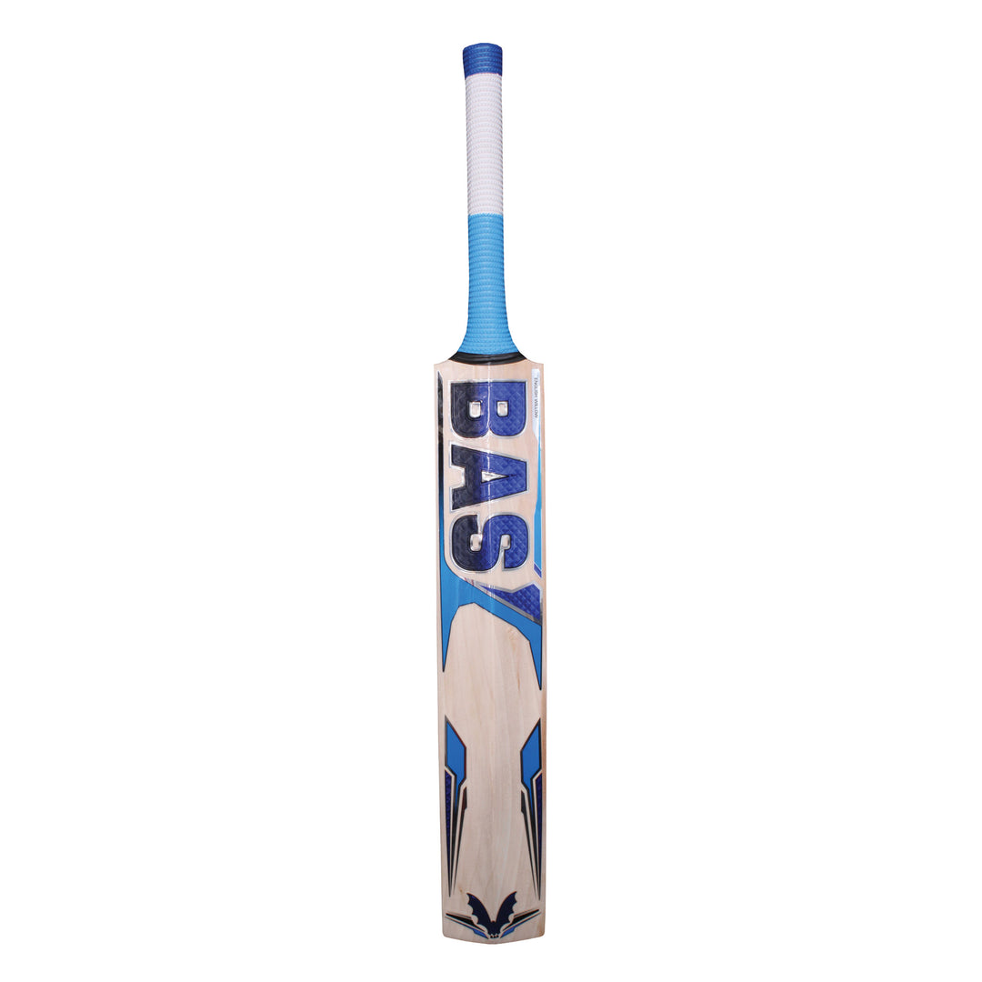 A BAS Venom cricket bat with blue stickering, displayed in a rear view.