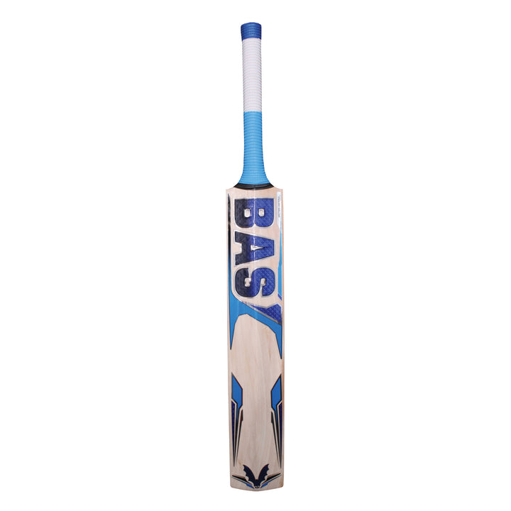 A BAS Venom cricket bat with blue stickering, displayed in a rear view.