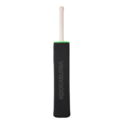 A black and green Kookaburra brand cricket bat cover.