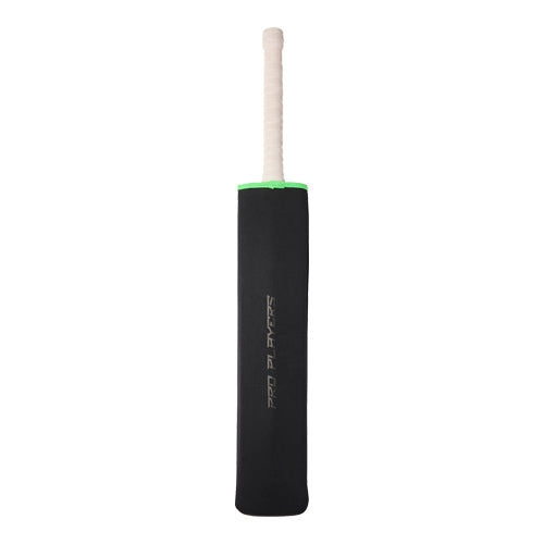 The back of a black and green Kookaburra brand cricket bat cover.