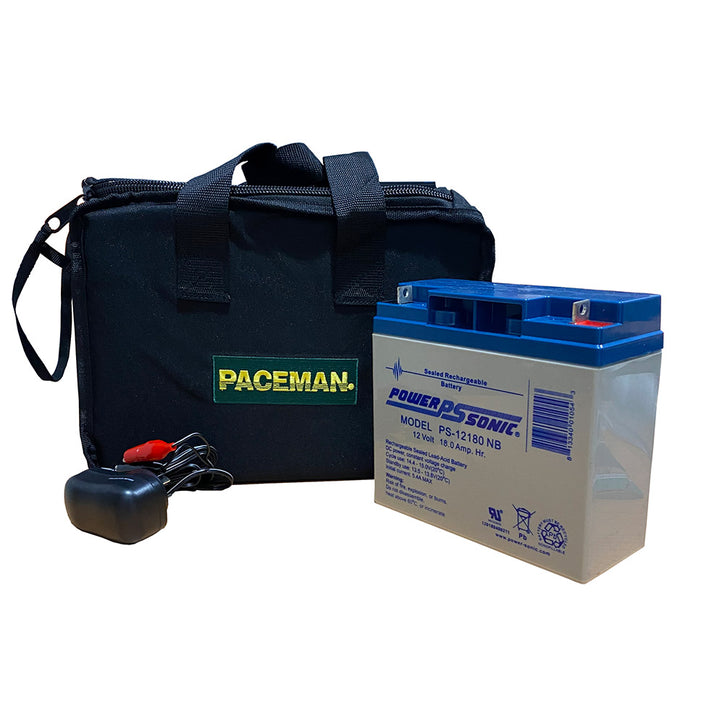 A battery pack with a blue and white color scheme, a black carry bag with 'PACEMAN' branding, and battery cables are displayed against a white background.