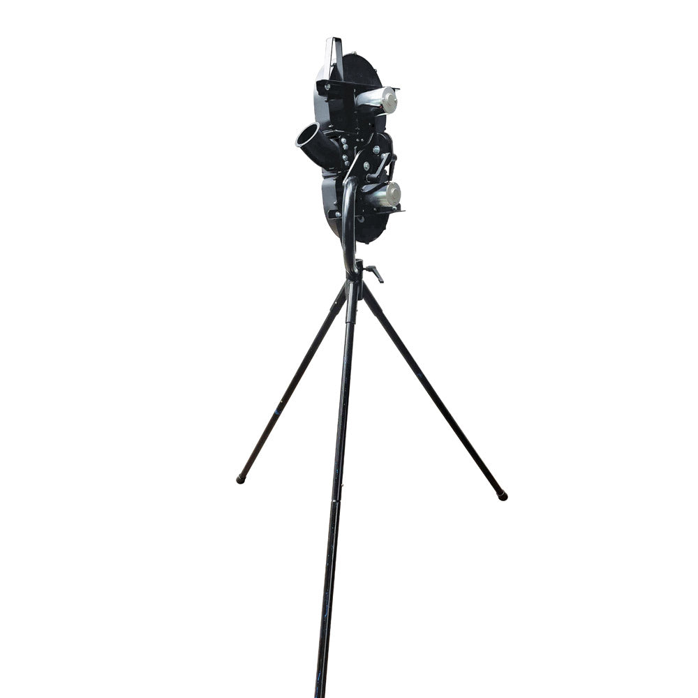 A black battery-operated cricket bowling machine with dual wheels and tripod-style legs, designed for practice and training.