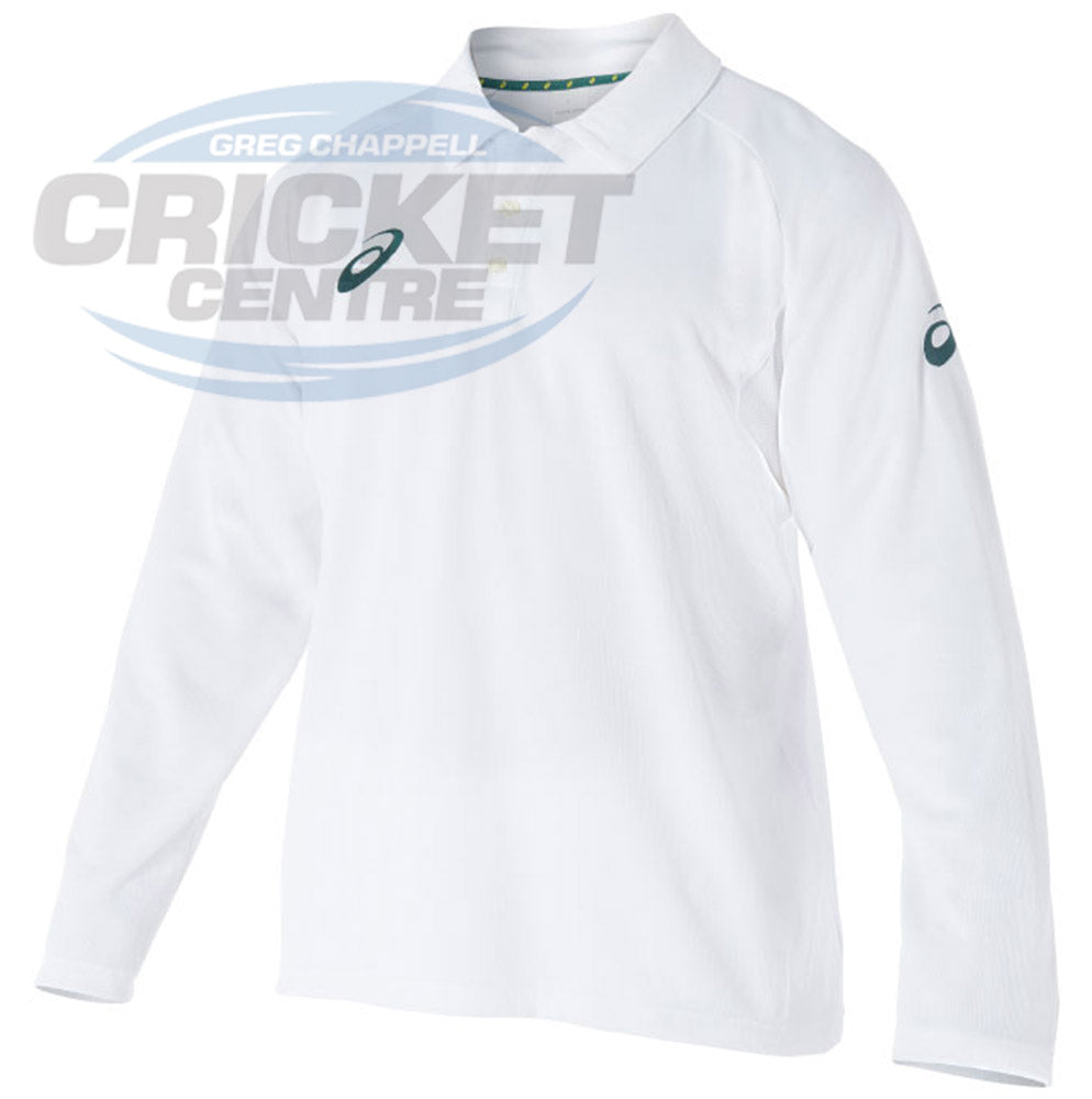 A long sleeve white cricket playing shirt with ASICS spiral logo on the chest and a collar.