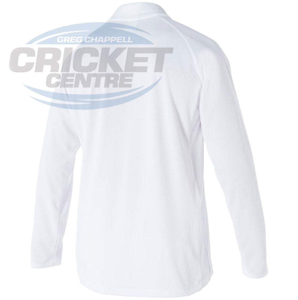An image of the back of a long sleeve Asics branded, white cricket playing shirt.