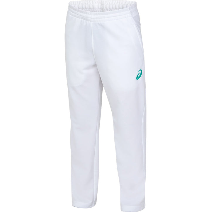 A pair of white ASICS cricket playing pants with front pockets and an embroidered logo on the left leg.