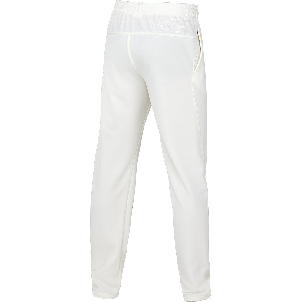 The back of a pair of white ASICS cricket playing pants.