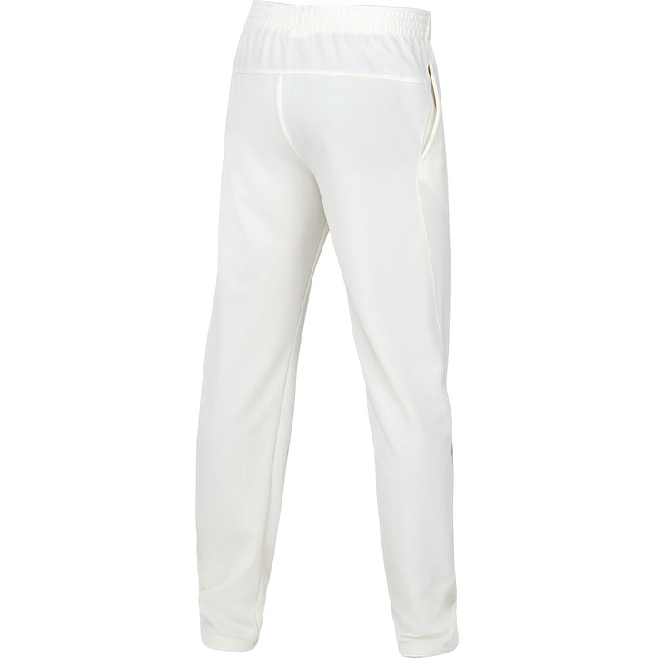 The back of a pair of white ASICS cricket playing pants.