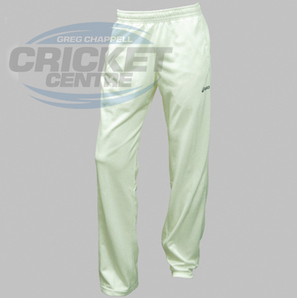 A pair of ASICS cream-colored cricket pants with front pockets and embroidered Spiral 'A' logo on the left leg.