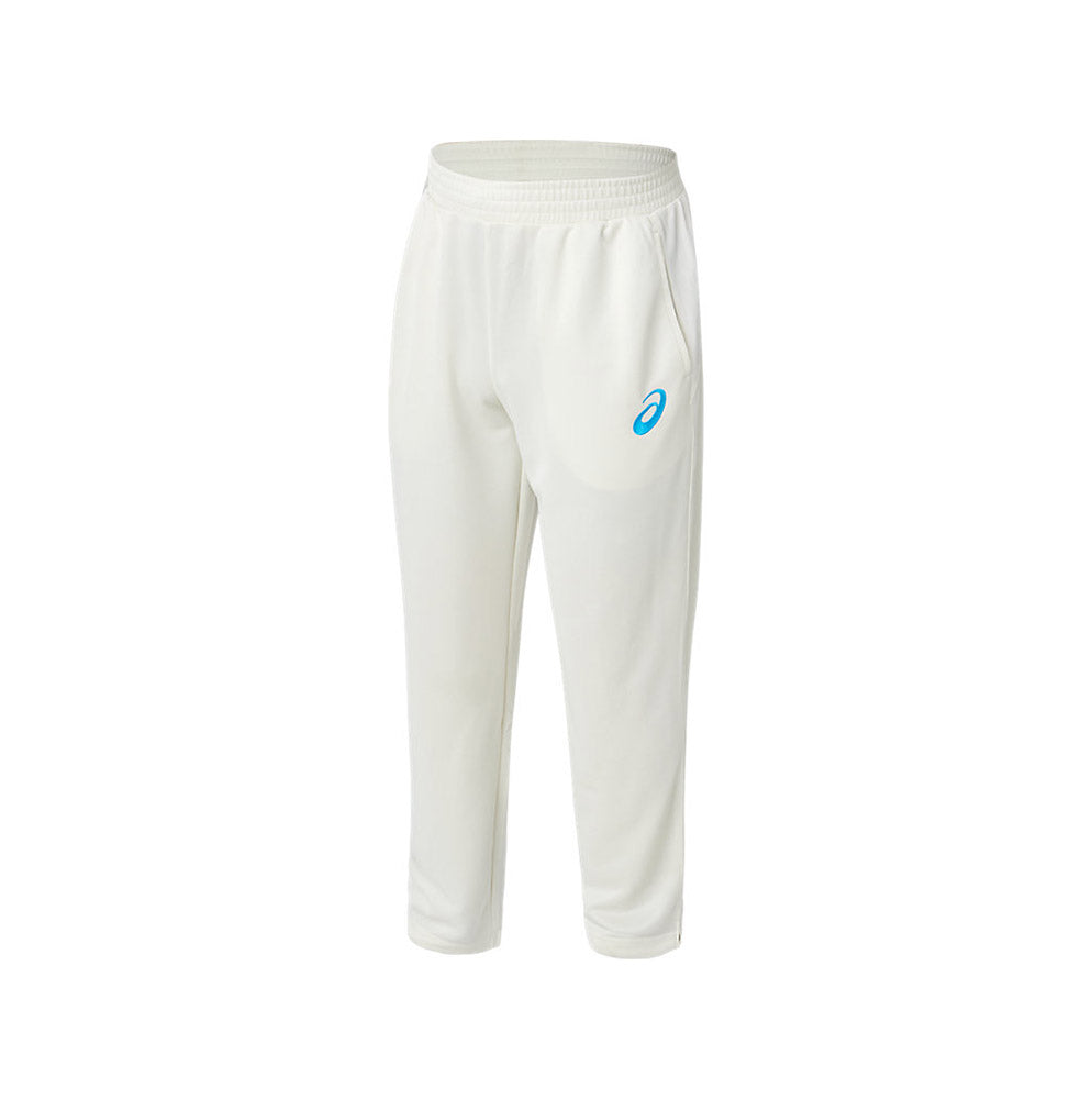 A pair of white ASICS playing pants with front pockets and embroidered Spiral 'A' logo on the left leg.