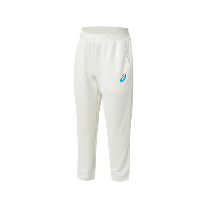 A pair of white ASICS playing pants with front pockets and embroidered Spiral 'A' logo on the left leg.