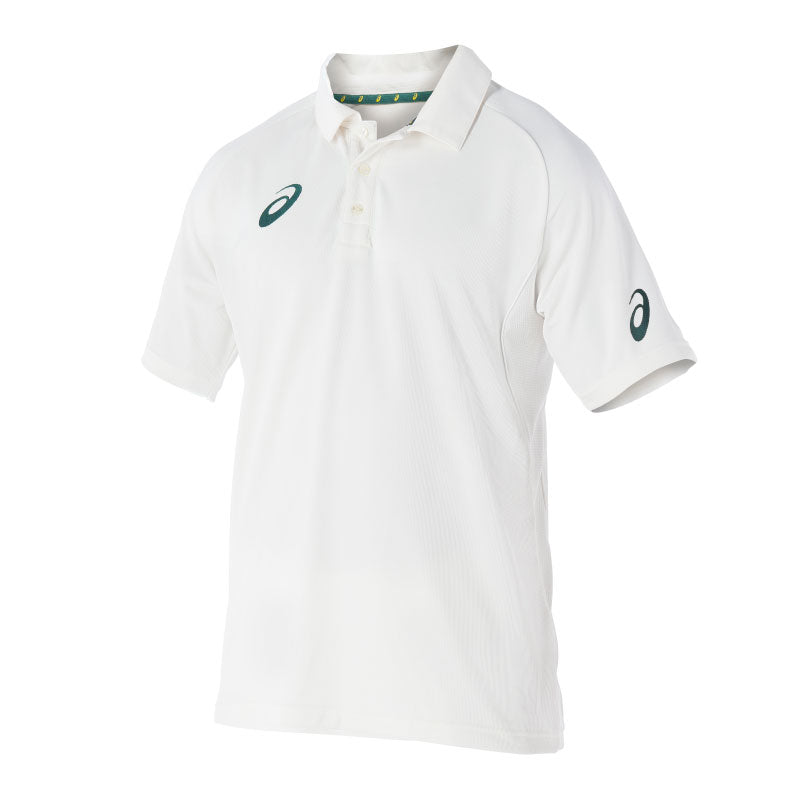 A white ASICS cricket test shirt with a three-button down collar and the ASICS logo on the chest.