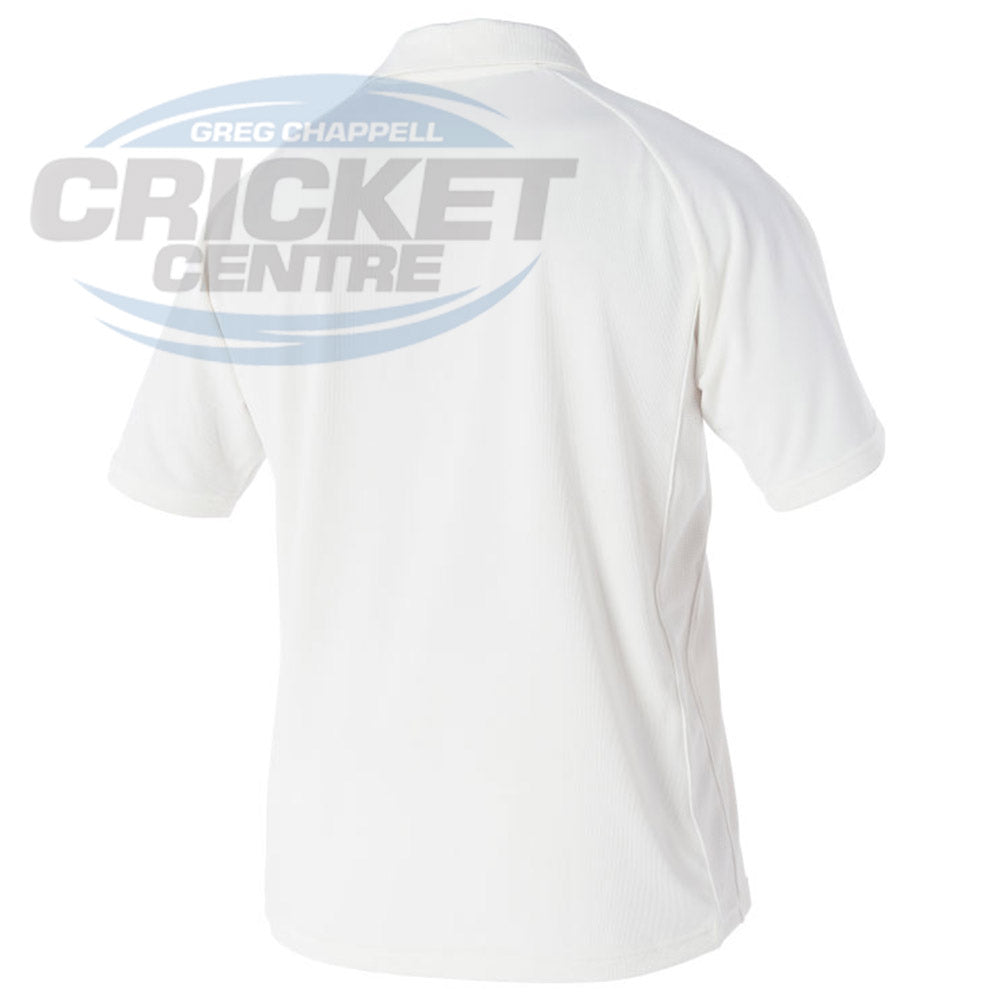 The back of a white Asics cricket shirt, with short sleeves.