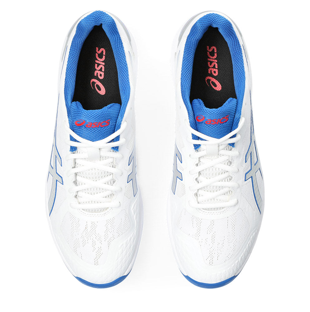 A top view of the ASICS Strike Rate cricket shoe with white/silver color scheme and blue accents.