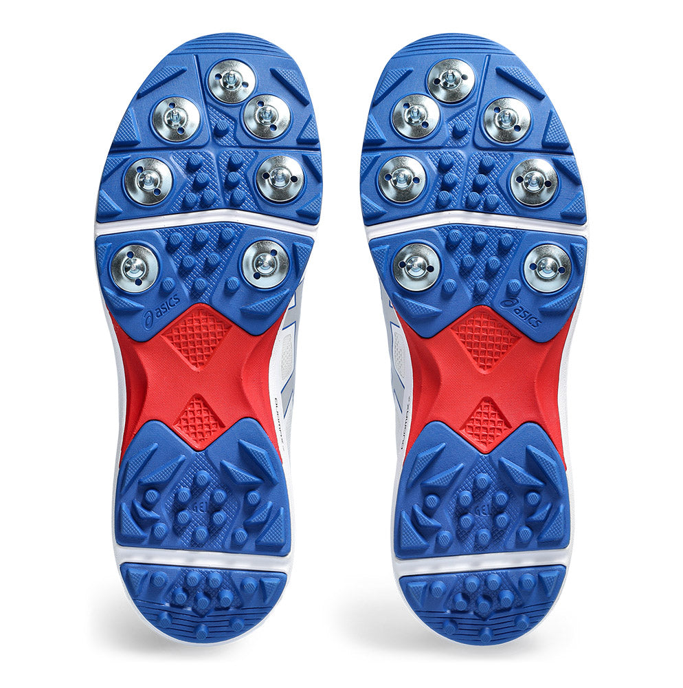 The sole of the ASICS Strike Rate cricket shoe, showing the spike configuration.