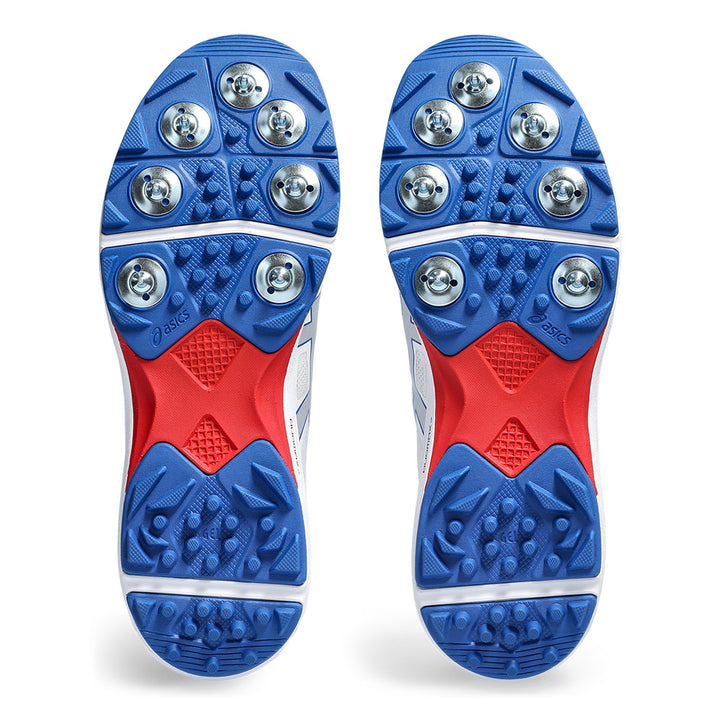 The sole of the ASICS Strike Rate cricket shoe, showing the spike configuration.