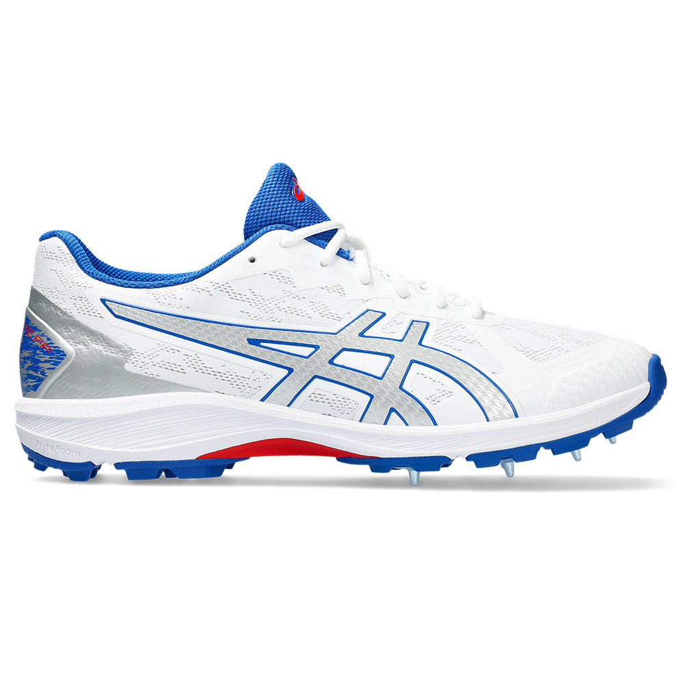 A single ASICS Strike Rate cricket shoe, mostly white with blue, red and silver accents.