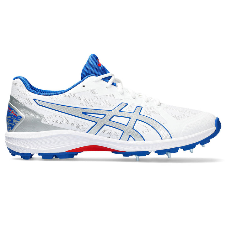 A single ASICS Strike Rate cricket shoe, mostly white with blue, red and silver accents.