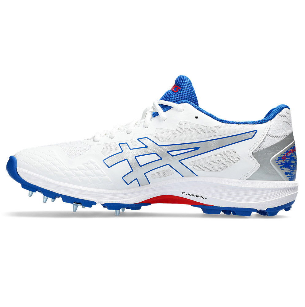 A single ASICS Strike Rate cricket shoe, mostly white with blue, red and silver accents.