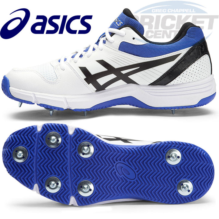 ASICS cricket shoe with blue and black accents, white midsole, and metal spikes on the sole.