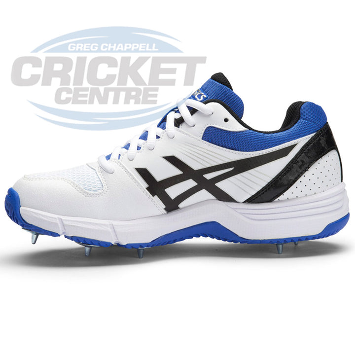 The Asics Gel 100 Not Out cricket shoe in blue, black and white colours.