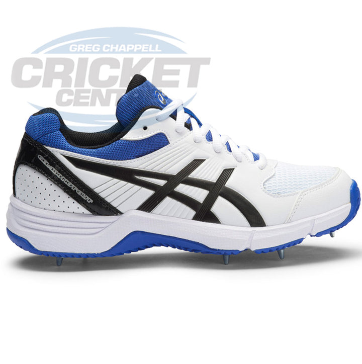 The Asics Gel 100 Not Out cricket shoe in blue, black and white colours.