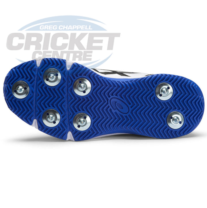 The sole of an Asics Gel 100 Not Out cricket shoe, showing the spike configuration.