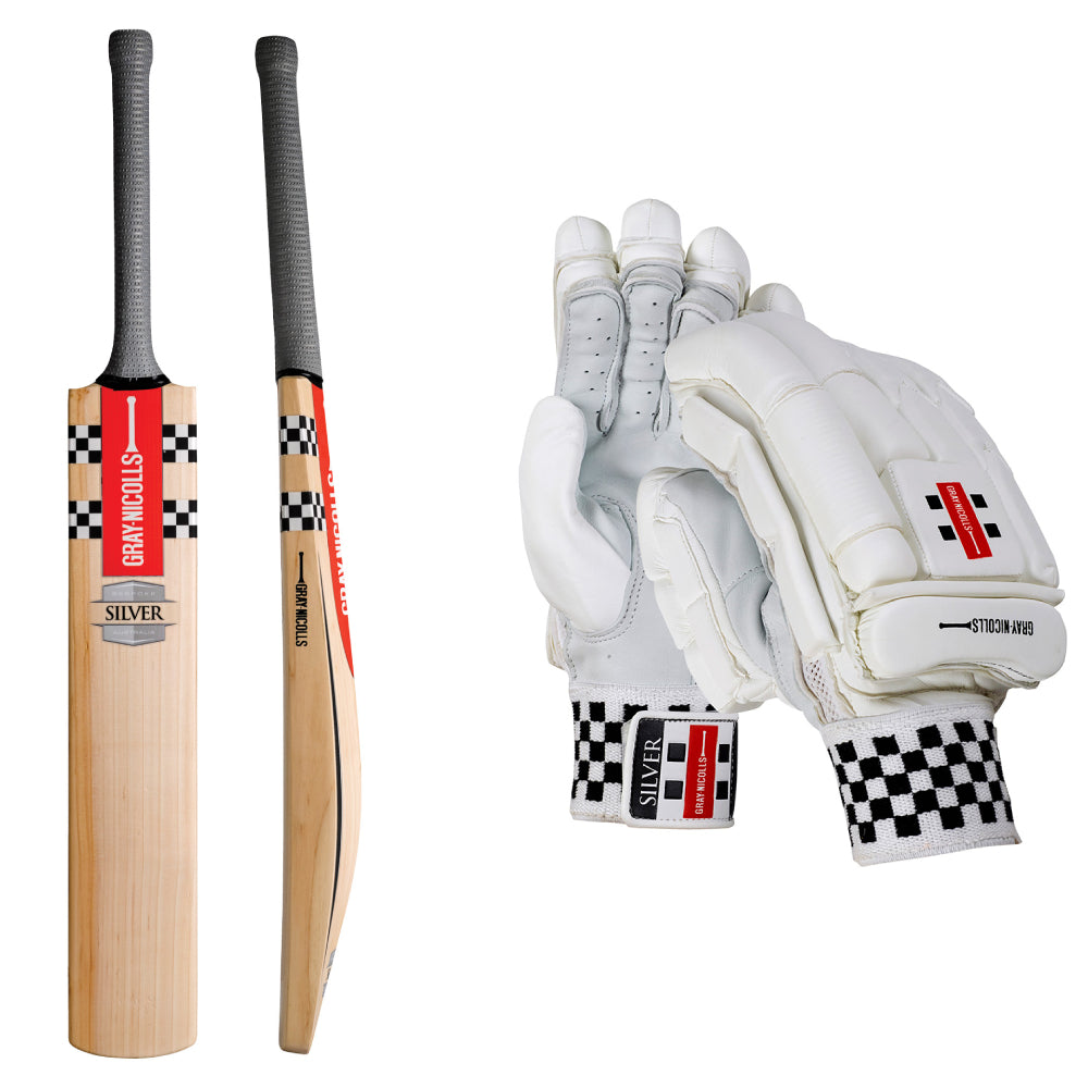 Gray-Nicolls Silver 2025 Cricket Bat & Gloves Bundle, Adults size