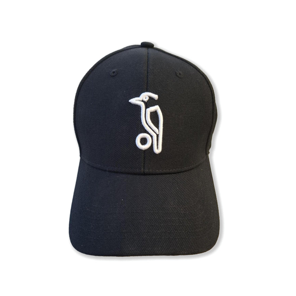 A black baseball cap with a white Kookaburra logo embroidered on the front panel.