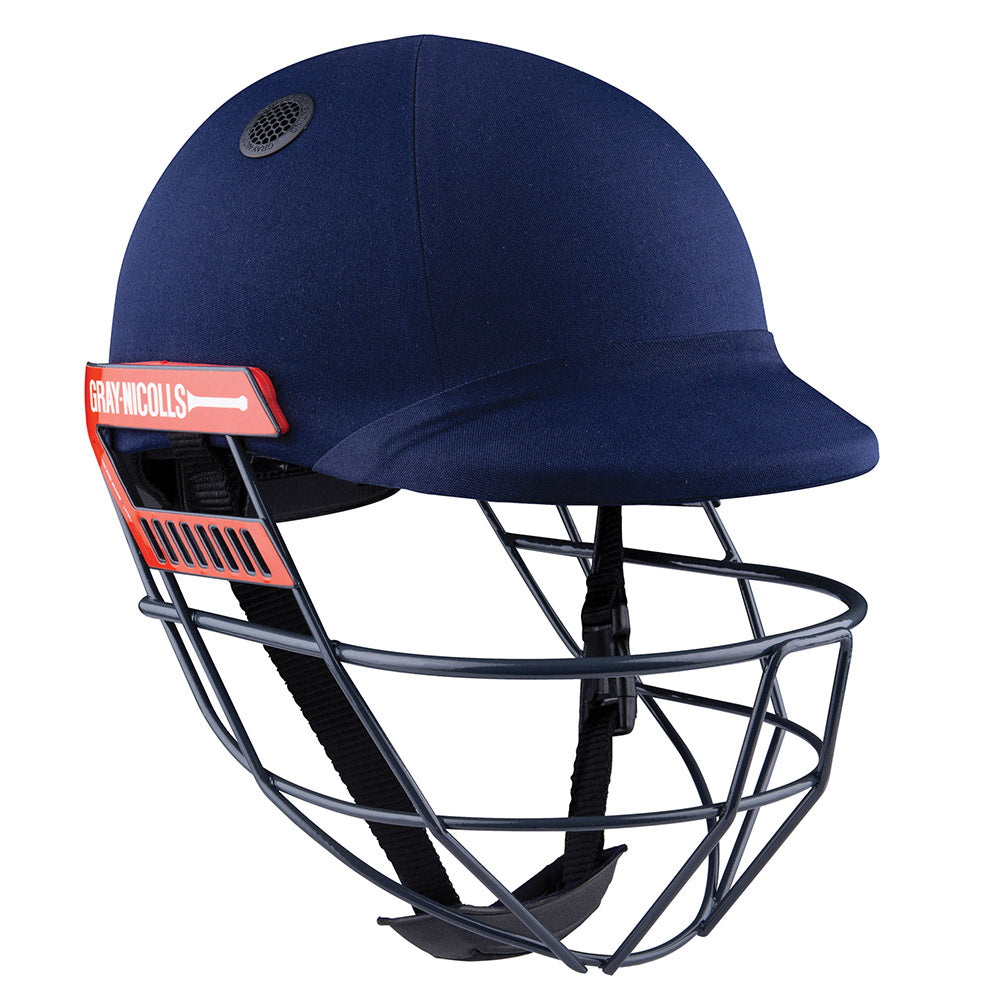 A navy blue GRAY-NICOLLS cricket helmet with a steel grille, rear adjustment strap, and brand logo on the side.