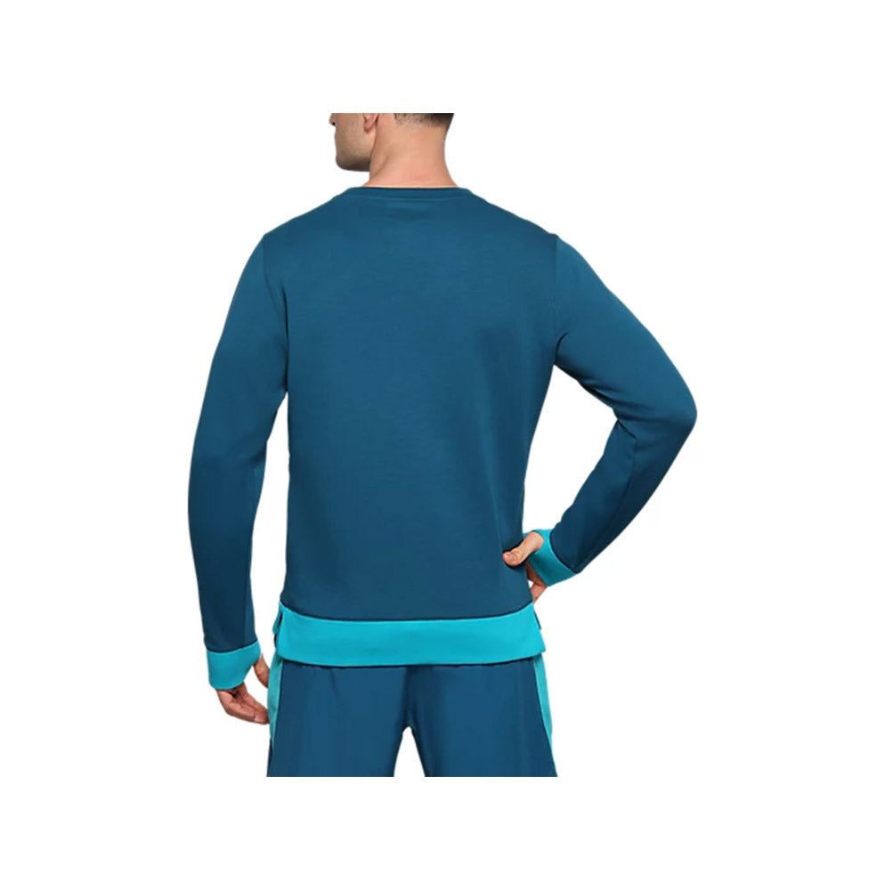 The back of a teal, Cricket Australia crew fleece on a male model.