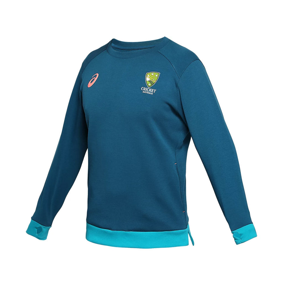 A Cricket Australia crew fleece in teal, with the Asics and Cricket Australia logos.