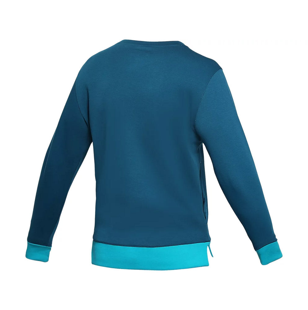 The back of a Cricket Australia crew fleece in teal.