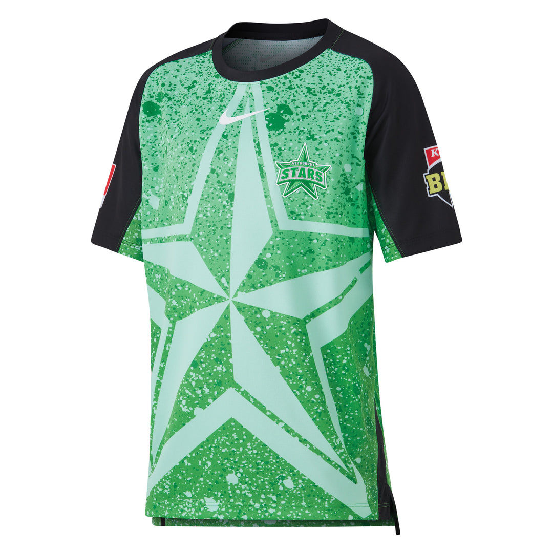 Youth replica shirt with short sleeves featuring a green star pattern and the Melbourne Stars logo