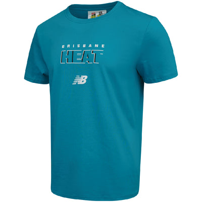 Teal t-shirt with 'Brisbane Heat' text and New Balance logo on a white background