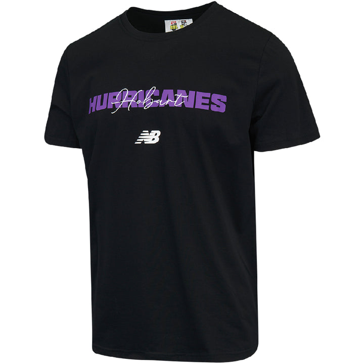 Black t-shirt with purple and white Hobart Hurricanes text on the front.
