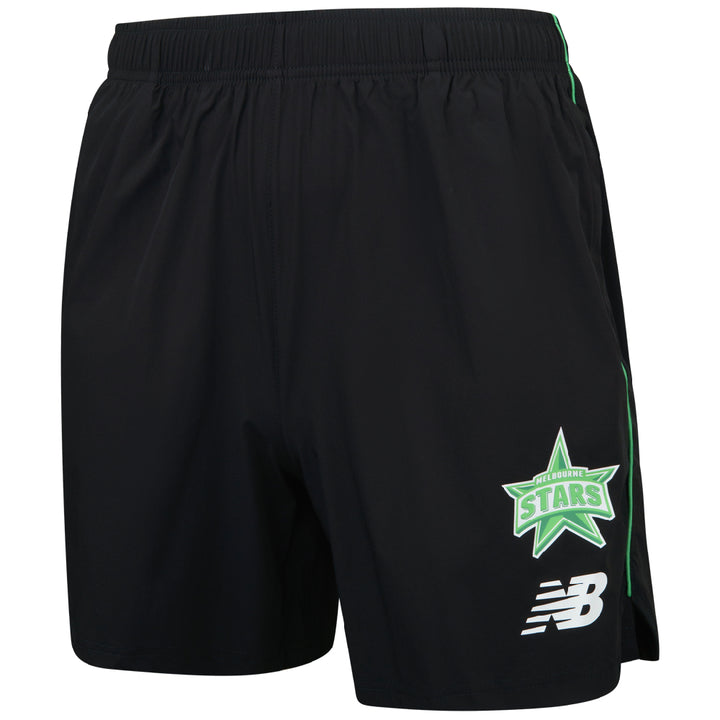 Black shorts with a green and white Melbourne Stars logo on the left leg.