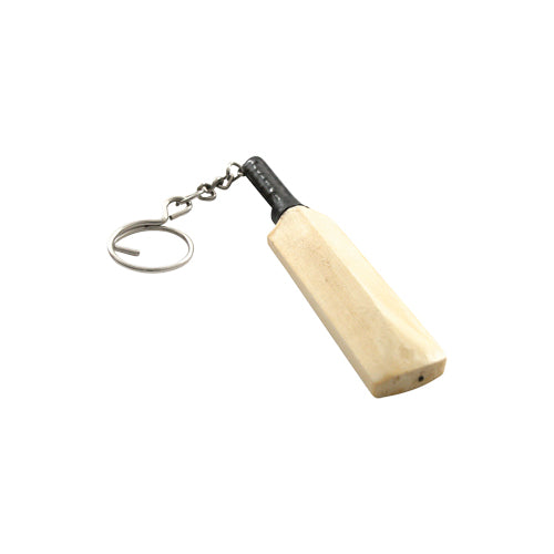 A miniature cricket bat key ring with a beige bat blade and black bat handle.