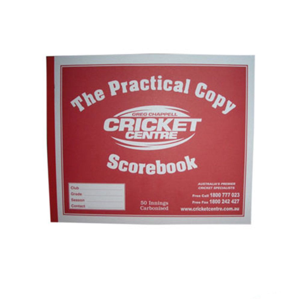 A red cover of 'The Practical Copy Scorebook' with white text, including the logo of Cricket Centre.