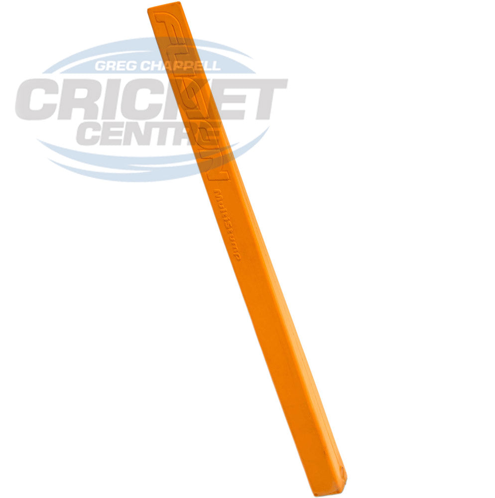 An orange full-length cricket stump with a spike, against a white background with a watermark text reading 'CRICKET CENTRE'.